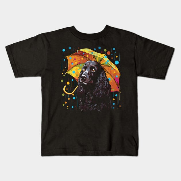 Field Spaniel Rainy Day With Umbrella Kids T-Shirt by JH Mart